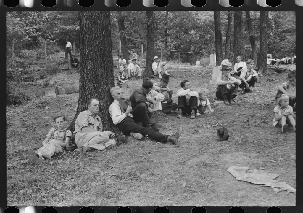 Untitled photo, possibly related to: Friends of the deceased's family at an annual memorial meeting in the family cemetery. In the mountains near Jackson, Breathitt County, Kentucky. 1940