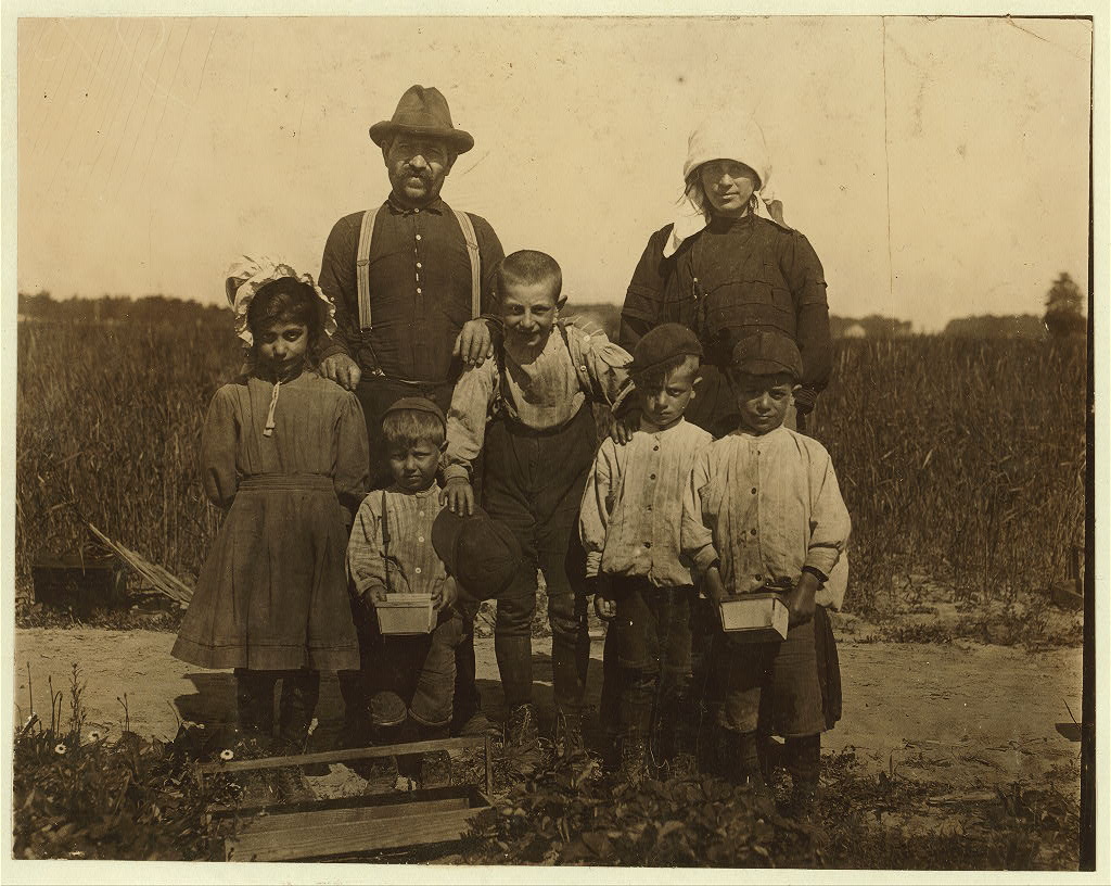 The Arnao family of berry pickers in the fields of Truitt's farm. This is an Italian family coming from Phildelphia and now ready to go to Carmel, N.J. to continue picking. The family consists of: 1 child 3 years of age, 1 child 6 years of age, 2 children 7 years of age, 1 child 9 years of age, 1 child 10 years of age, 1 child 11 years of age. All of whom pick. Location: Cannon, Delaware. 1910