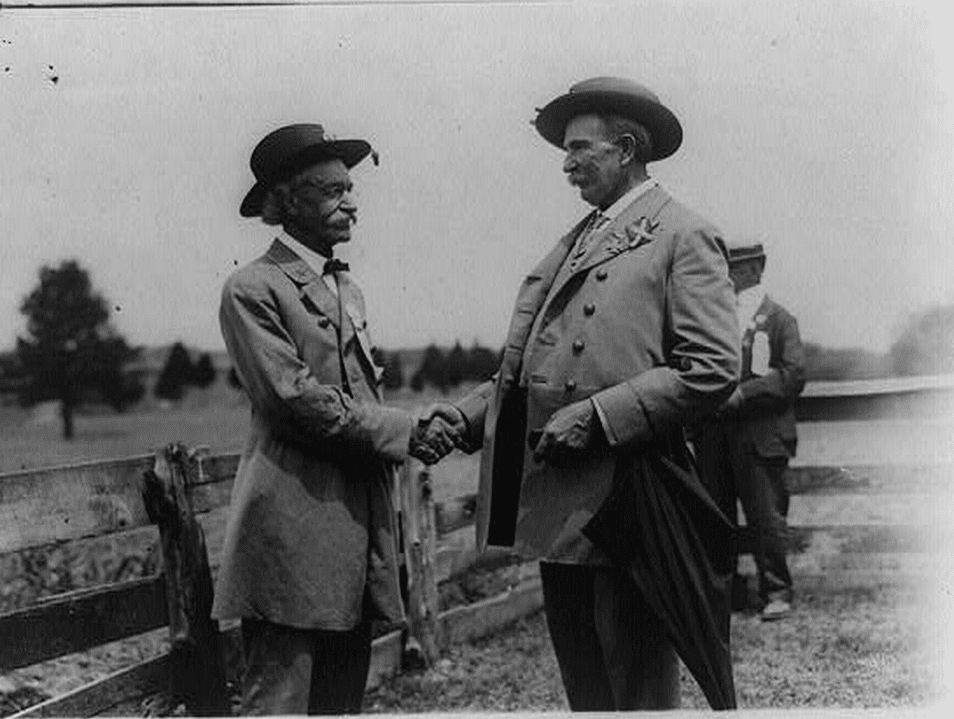 Celebration at Bull Run: 2 Confederate veterans shaking hands