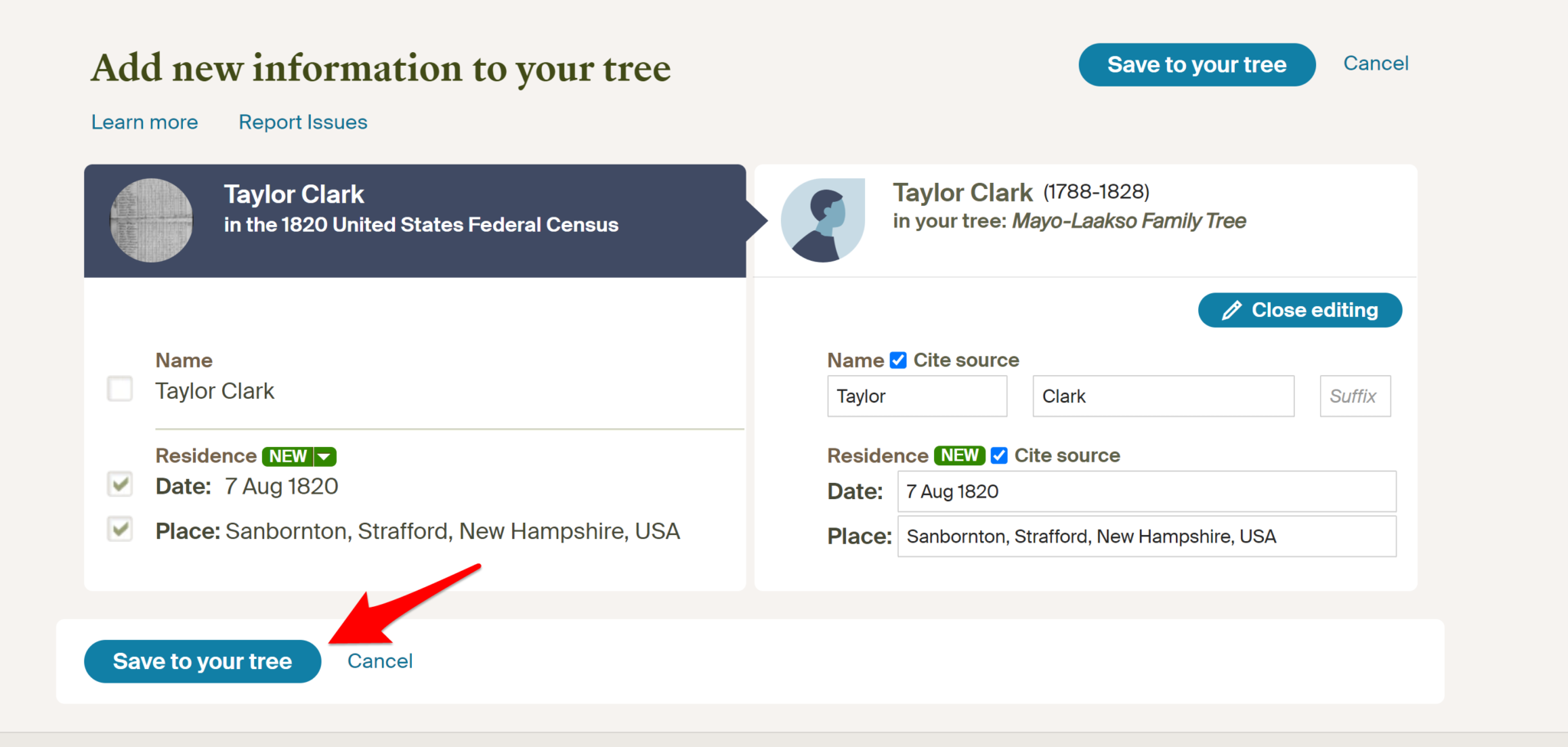Save a Record to Ancestry Tree Using Hints