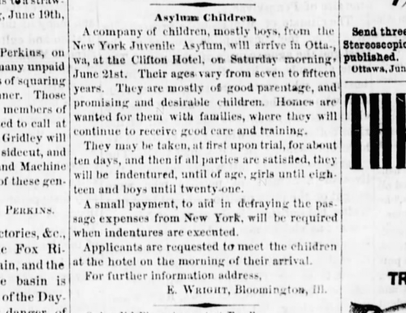 Asylum Children, Orphan Train,1873 Ad Illinois