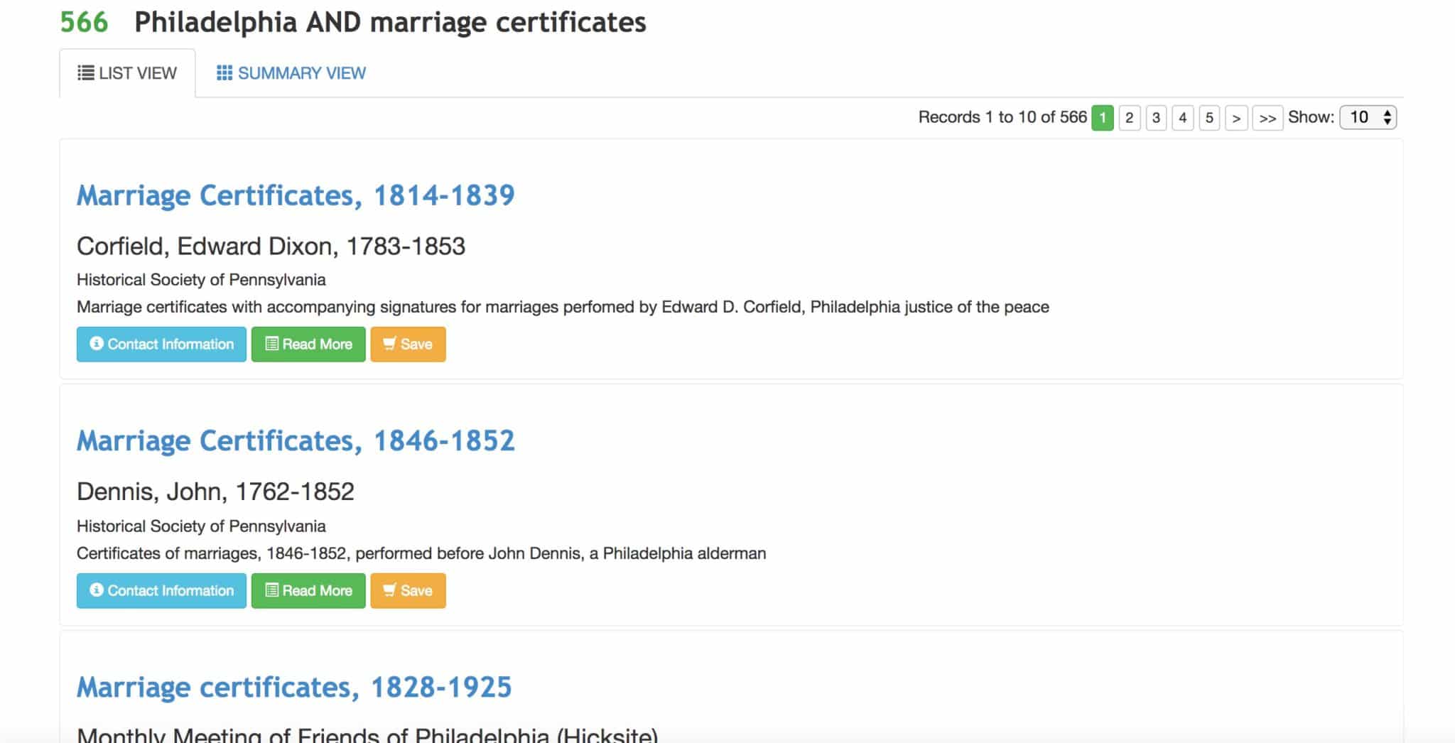 Search results for Philadelphia marriage certificates on ArchiveGrid