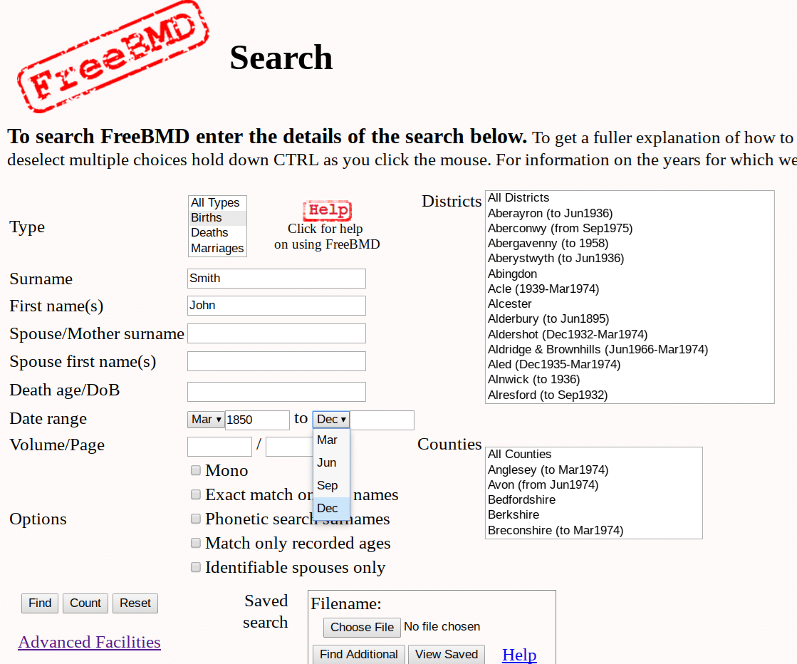 GRO Index Free Genealogy Resource, FreeBMD search