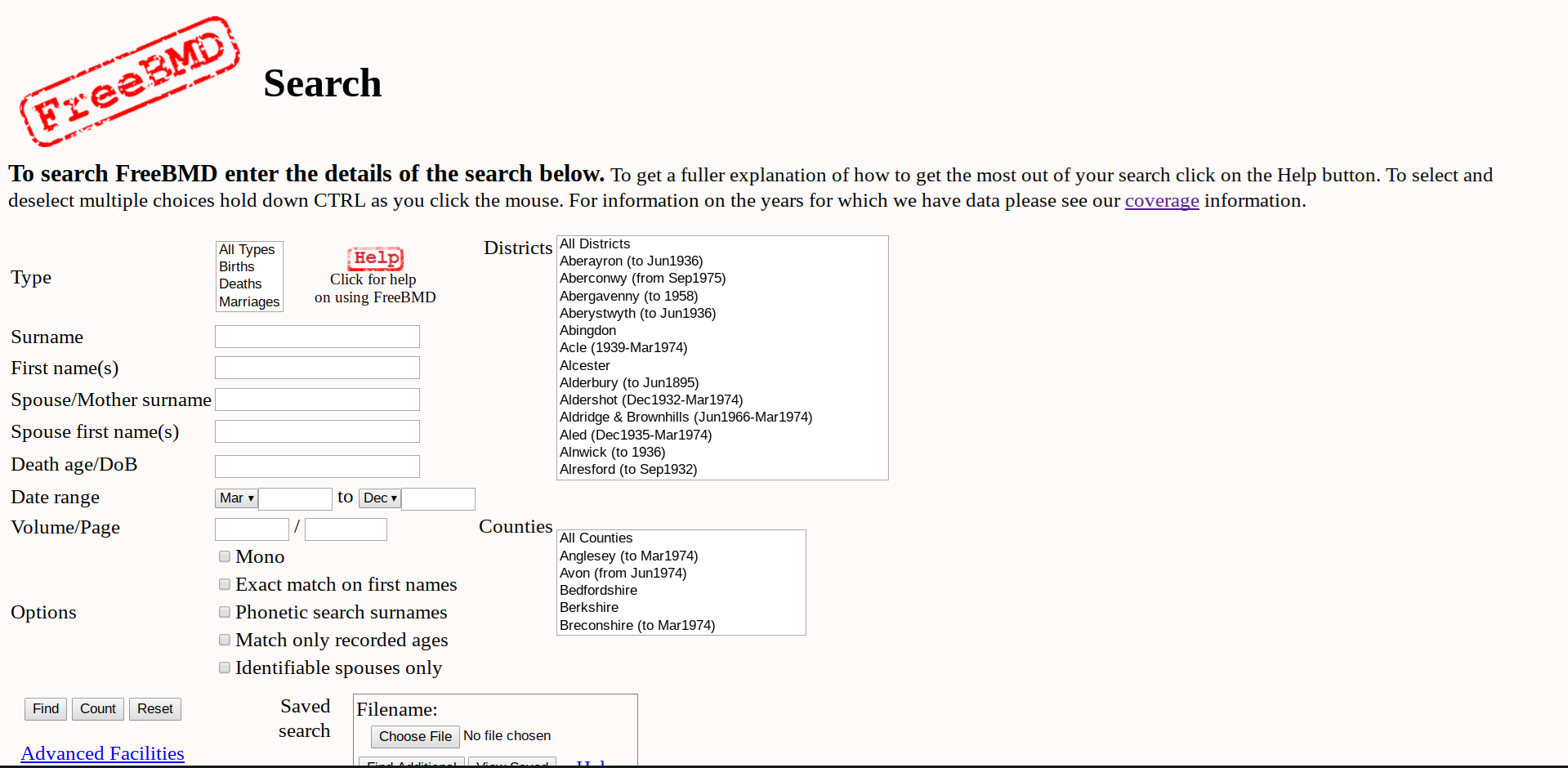 Free Genealogy Resource GRO Index, FreeBMD search