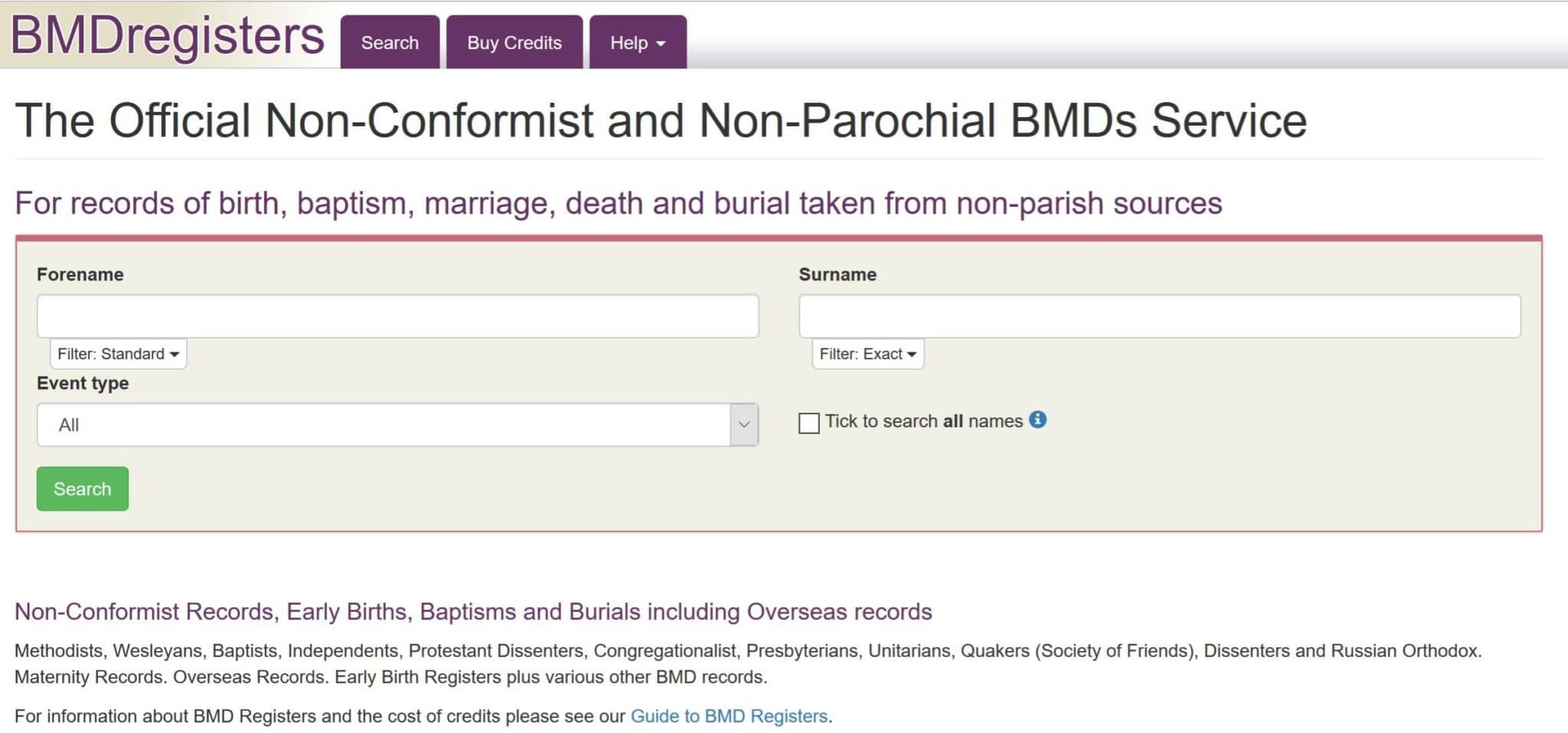 British, Irish, Scottish, Welsh Genealogy Research Guide, BMDRegisters non-comformist records