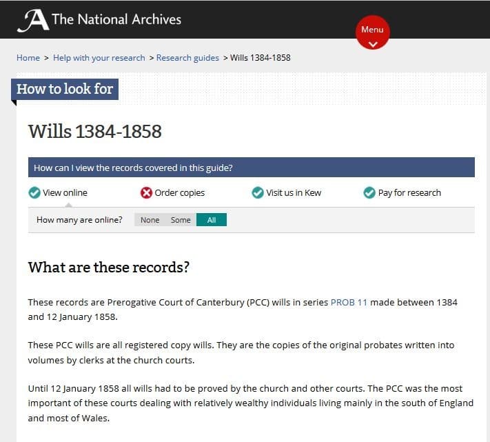 British, Irish, Scottish, Welsh Genealogy Research Guide, The National Archives wills