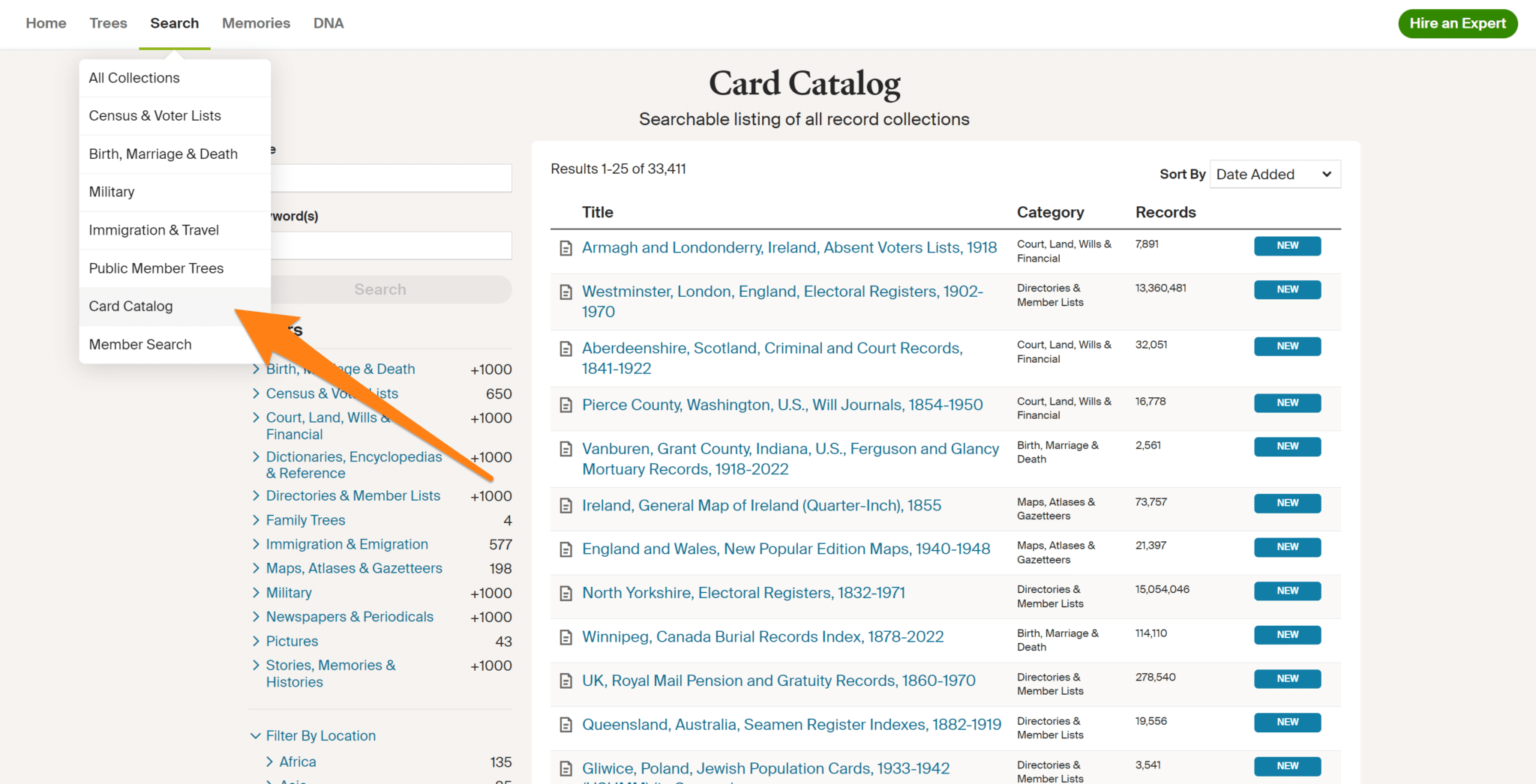 Ancestry Card Catalog to Collections