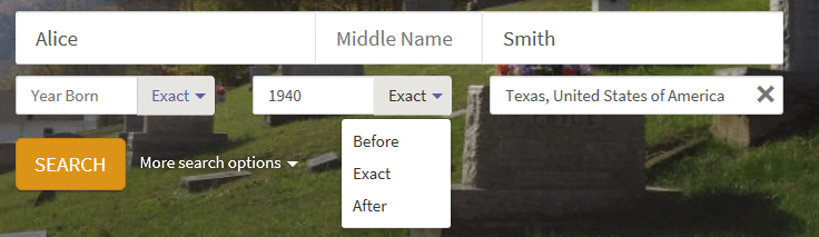 Finding your ancestor's gravesite, find a grave search box