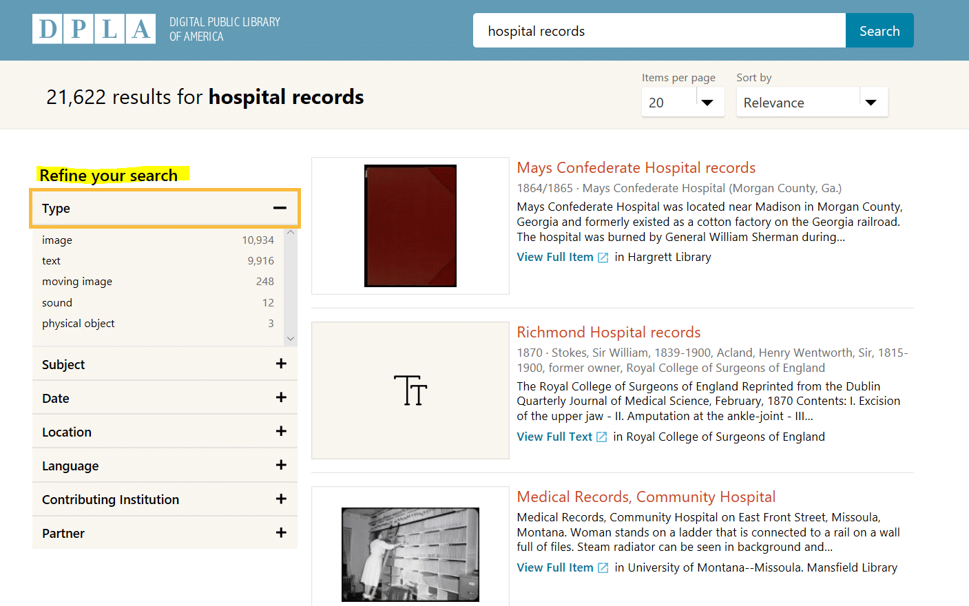 Hospital records for genealogy research, Digital Public Library of America search results
