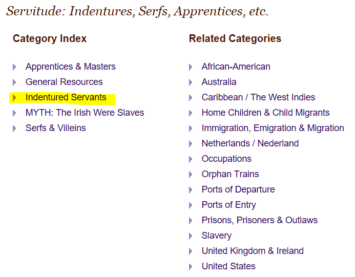 Indentured Servant Ancestors, Cyndislist indentured servants