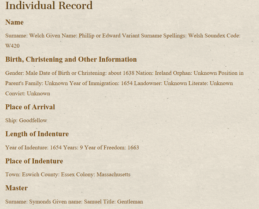 Indentured Servant Ancestors, Price Genealogy record