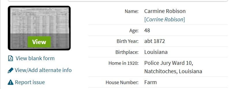 Correcting Ancestry.com Records, corrine indexed example