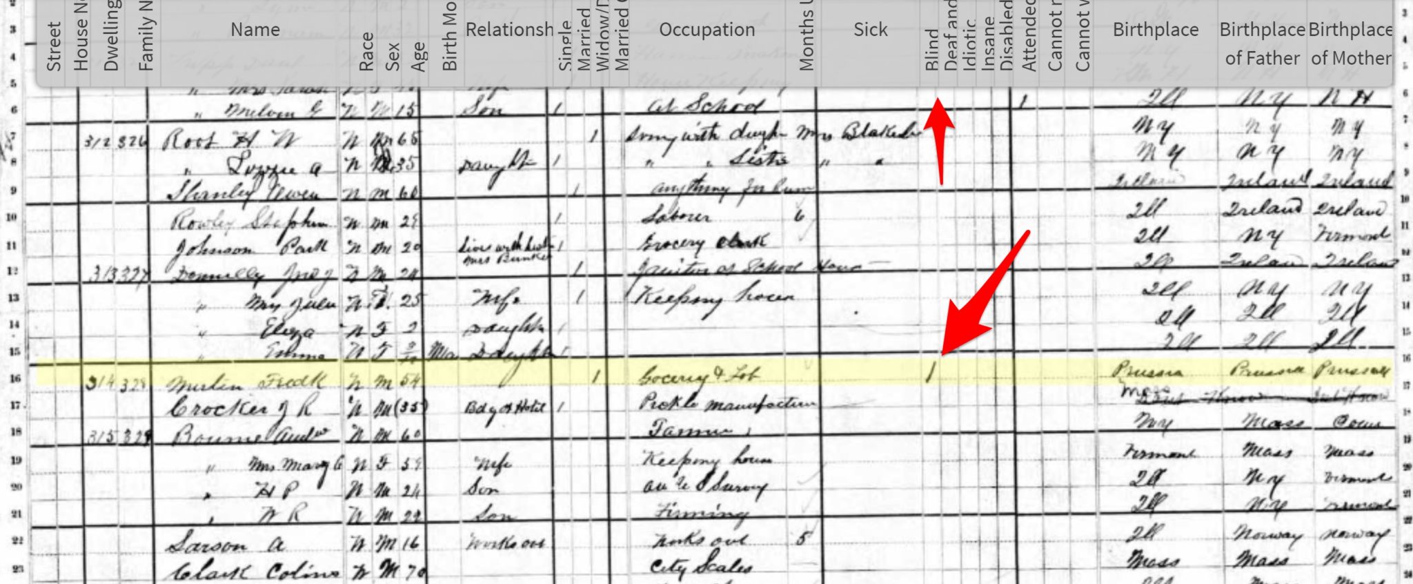 Fred Merten Marked as Blind in 1880 Census