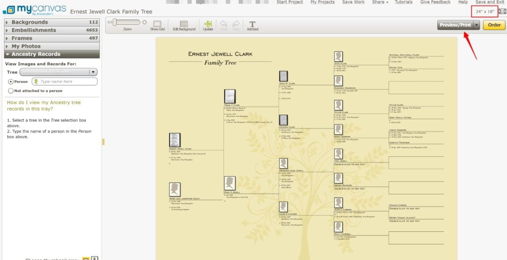 Ancestry MyCanvas Family Tree Chart Editing Options