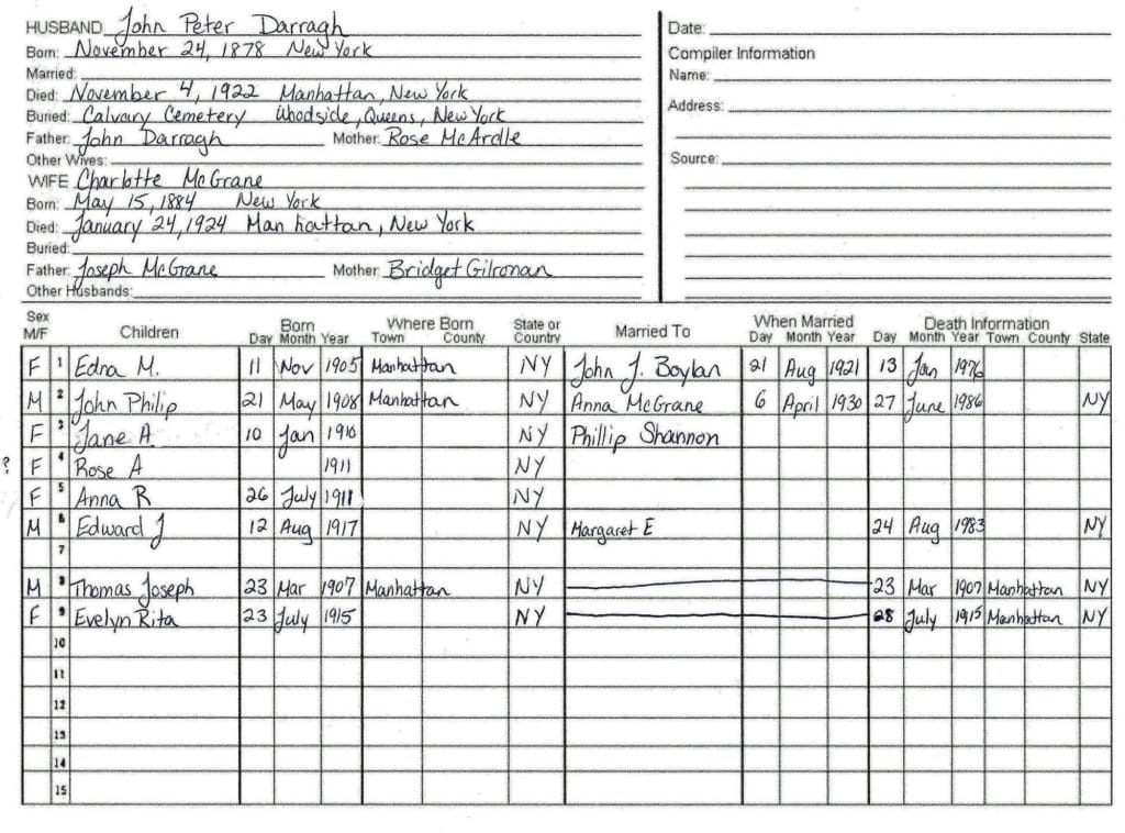 Genealogy organization, family group sheet, Darragh
