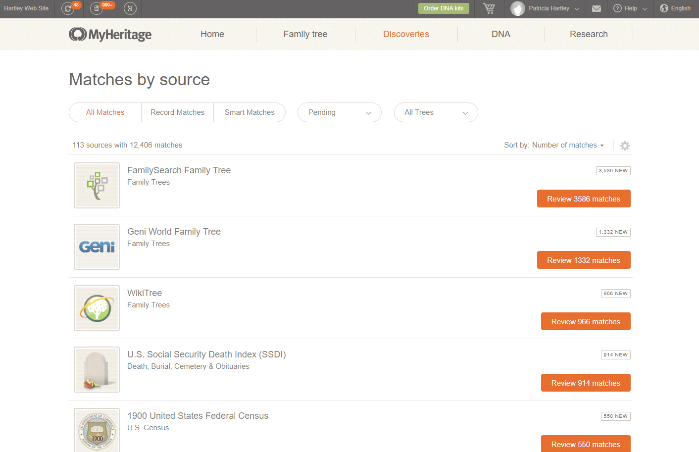 MyHeritage Discoveries Sorted by Sources