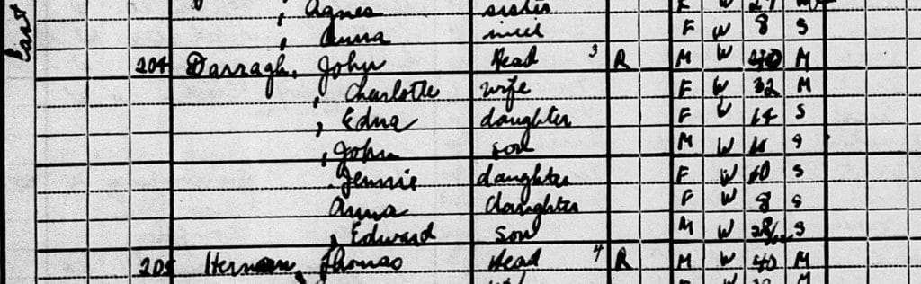 Family group sheet, genealogy organization, John Darragh and Family 1920