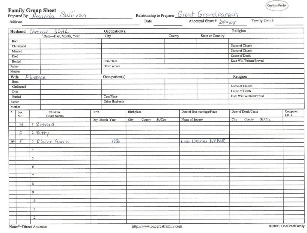 Genealogy organization, family group sheet, Sohl