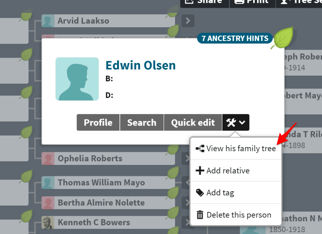 View family tree for a specific person on Ancestry