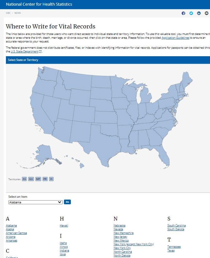 CDC Where to Find Vital Records website