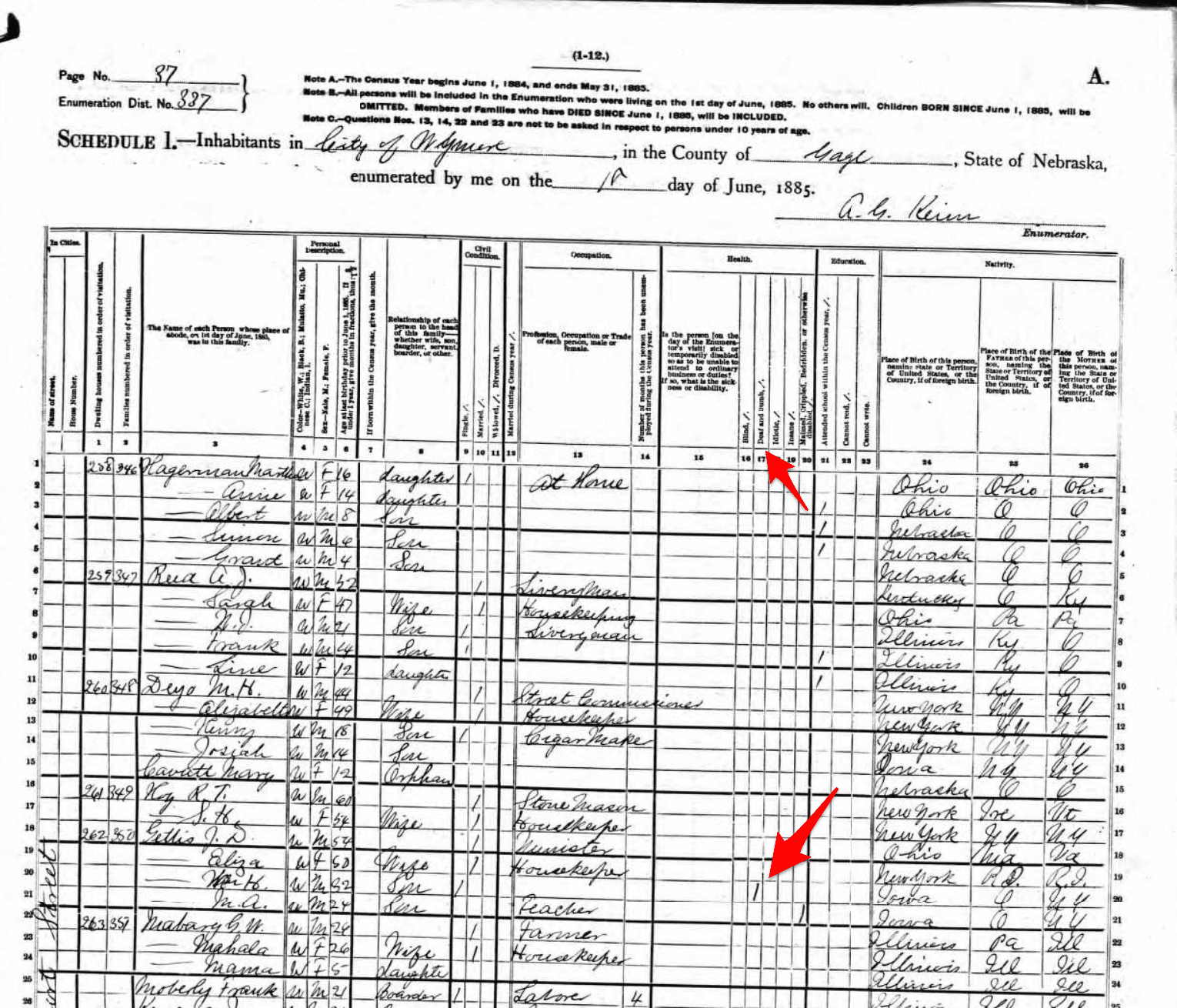 Nebraska State Census 1885 - Listing for Deaf and Dumb