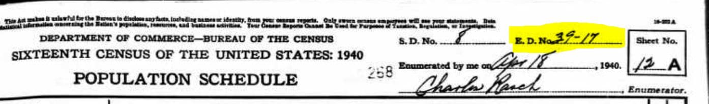 1940 Census Header Showing Enumeration District