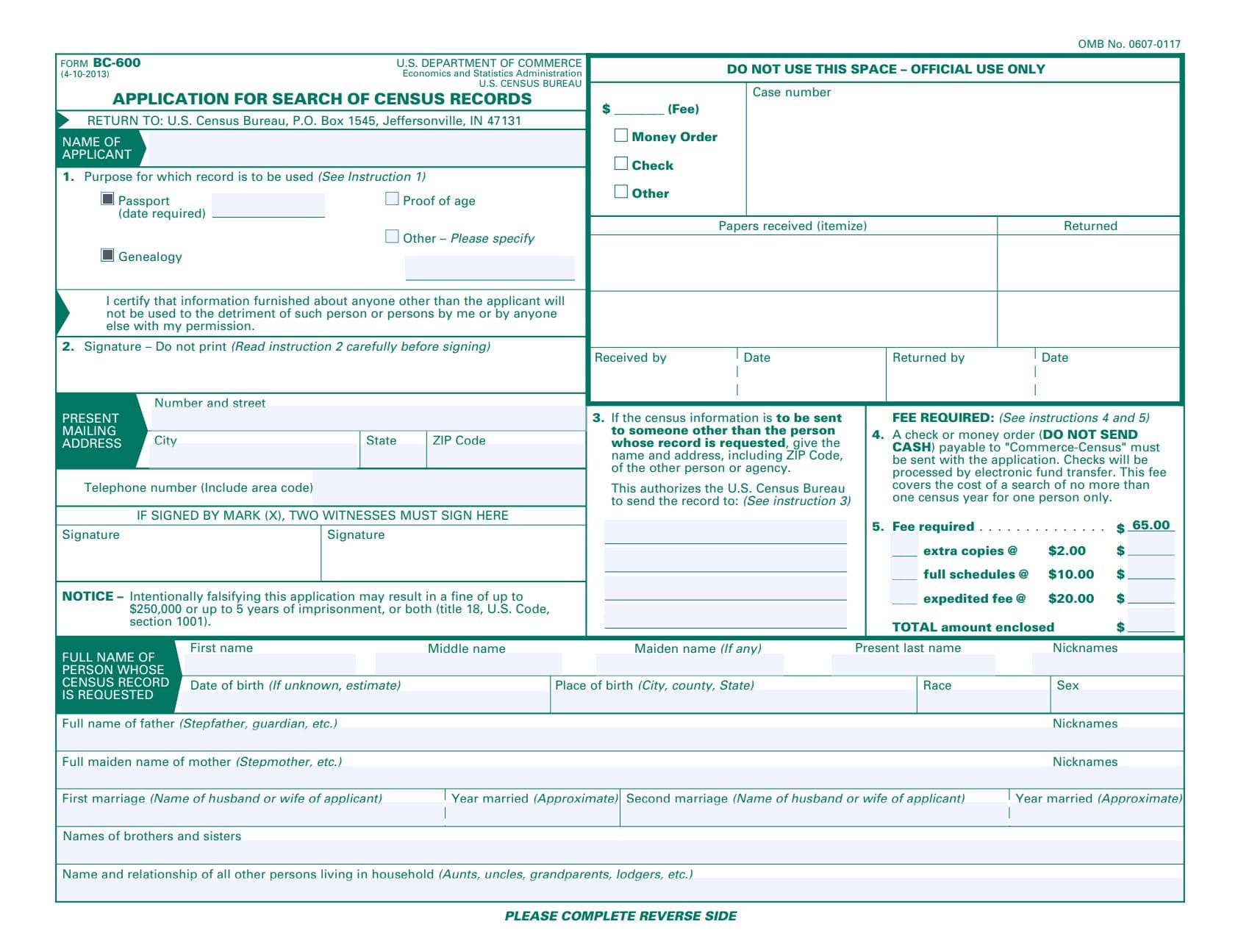 Form BC 600 Front Census Age Search