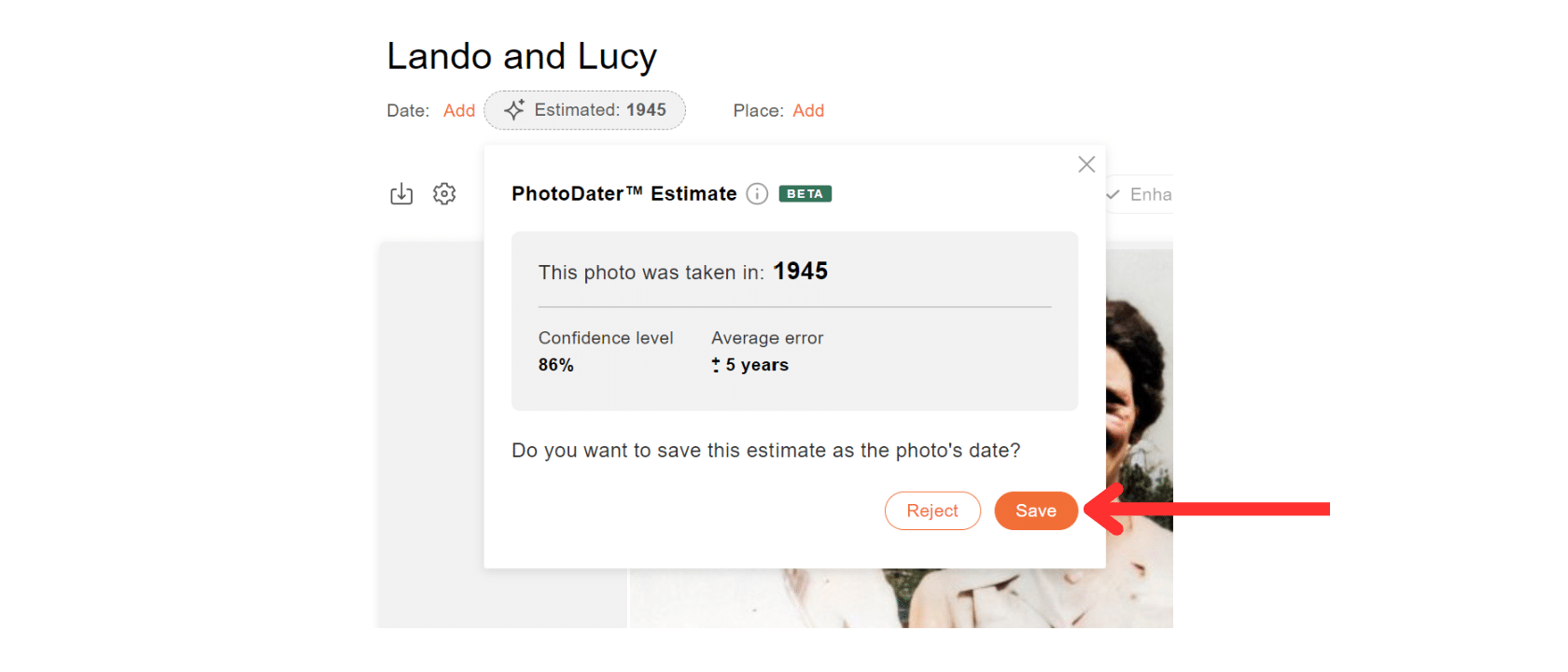 MyHeritage PhotoDater Estimate pop-up box with no bar graph