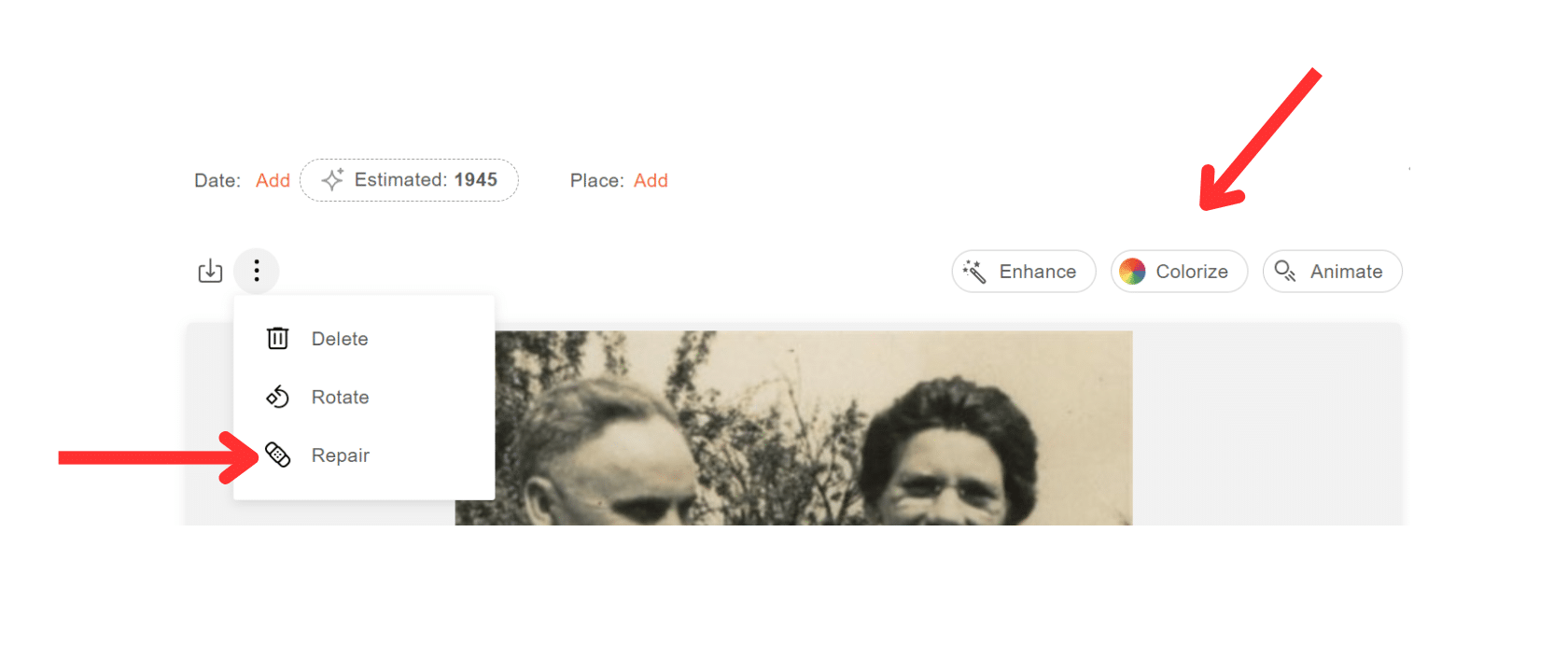 MyHeritage photo enhancement tools