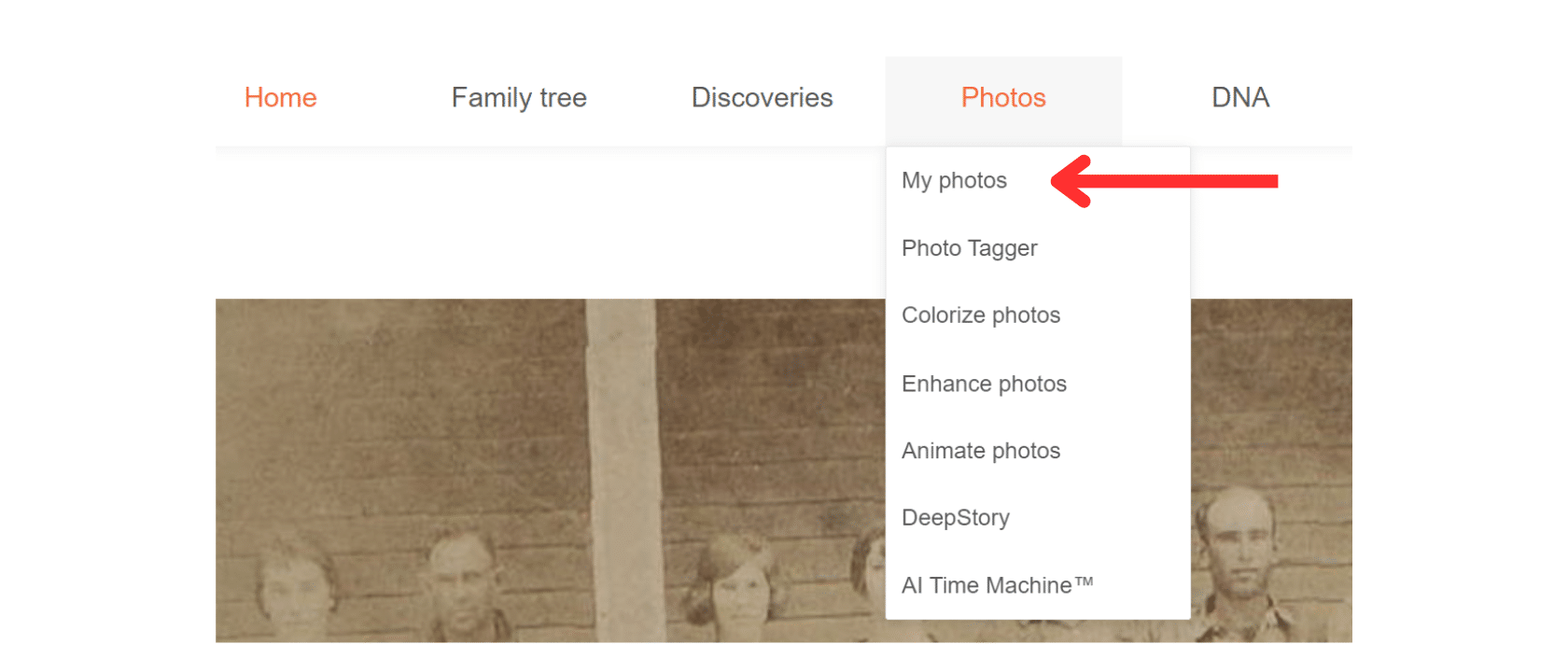 My photos dropdown in MyHeritage