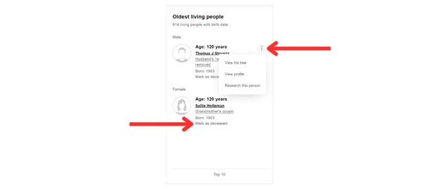 Screenshot of Oldest Living People chart in MyHeritage tree