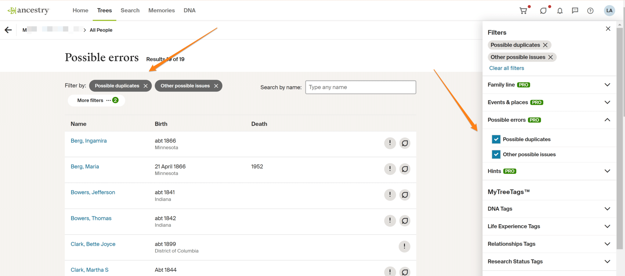 Errors filter on All People page Ancestry