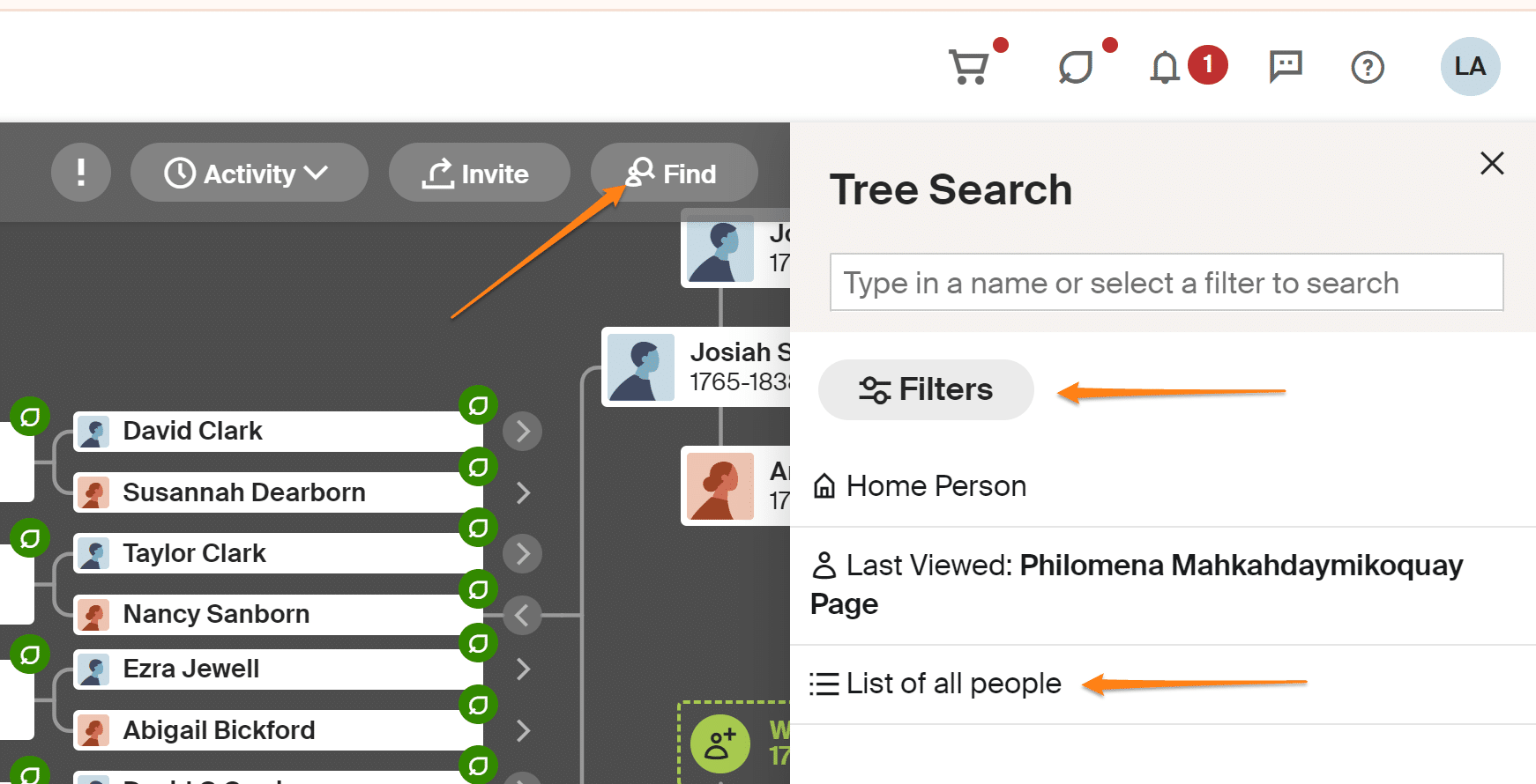 Use Advanced Filters via Search in Ancestry Tree