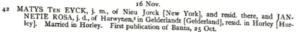 Marriage record from the old dutch church records of Kingston, New York.