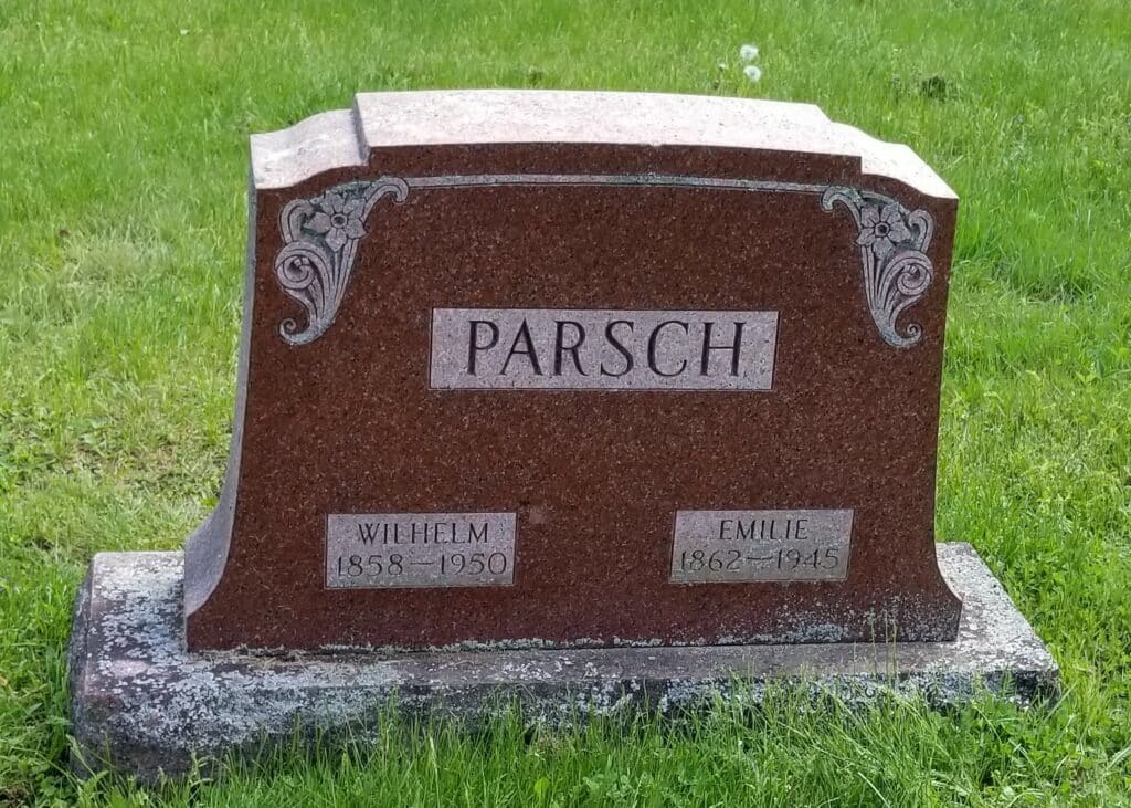 A tombstone showing Wilhelm Parsch's birth date as 1858.